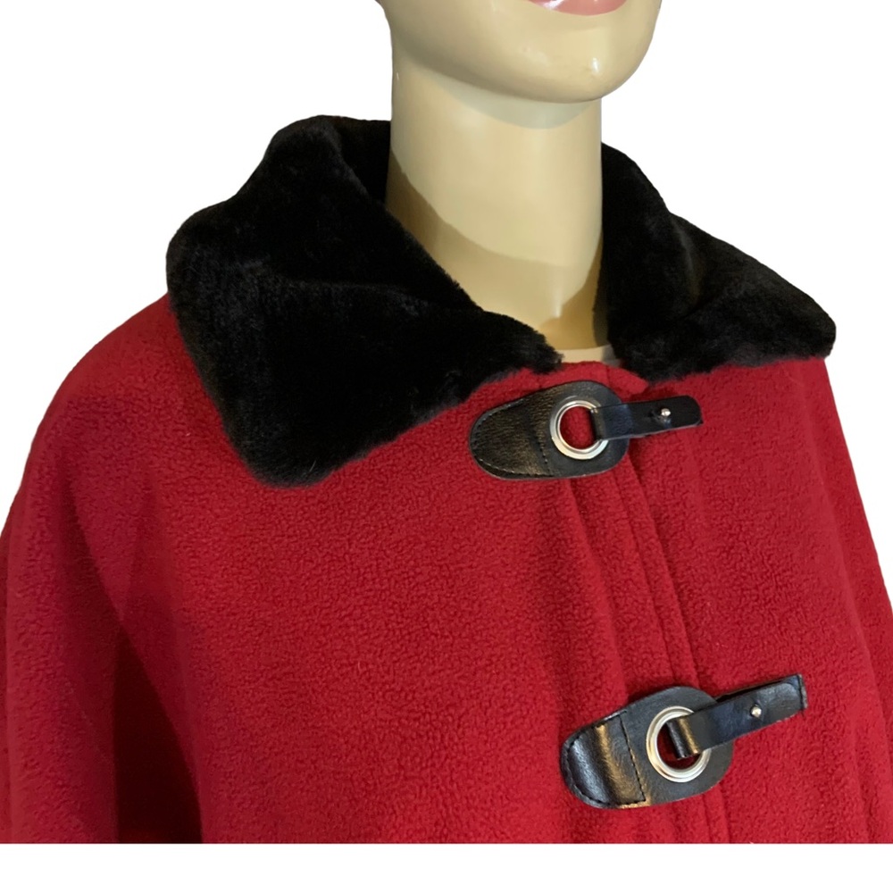 LE MODA RED FLEECE W/BLACK FAUX FUR COLLAR PONCHO (OSFM) - Picture 8 of 13